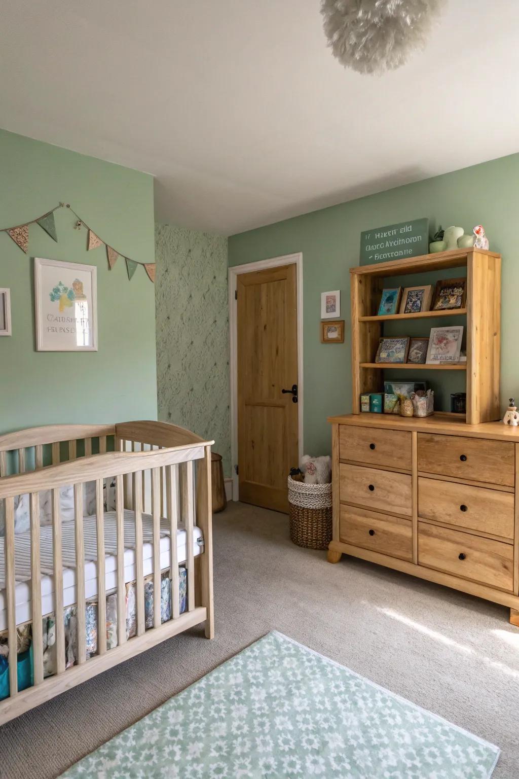 A peaceful nursery with gentle sage green walls.