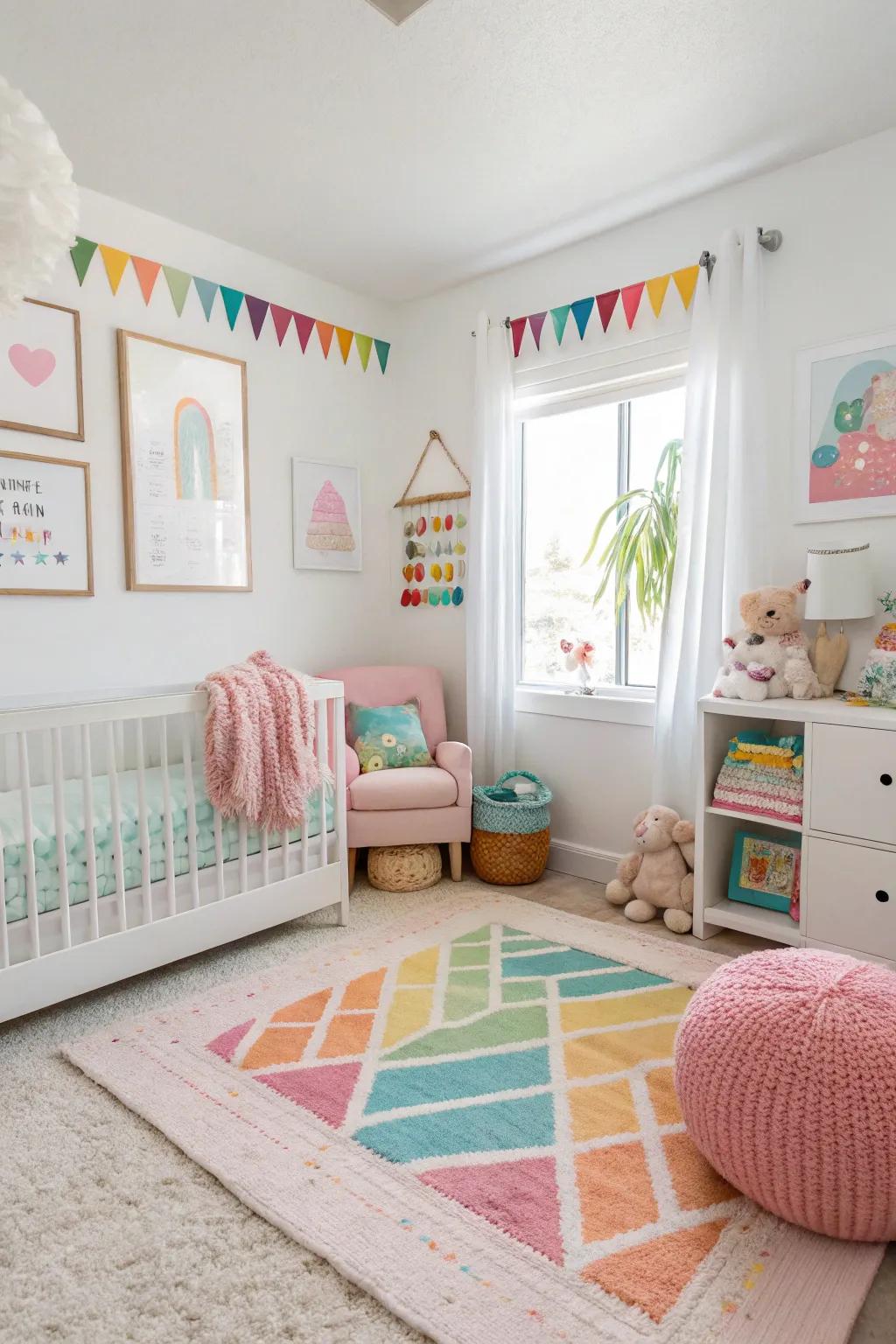 A bright nursery with crisp white walls.