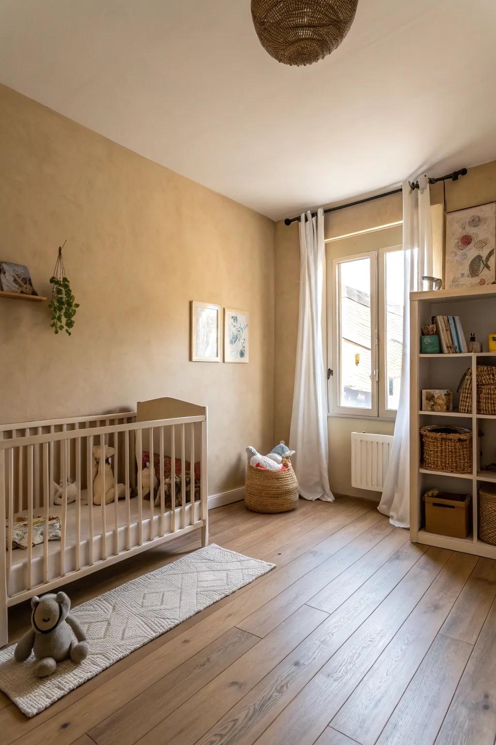 A timeless nursery with sandy beige walls.