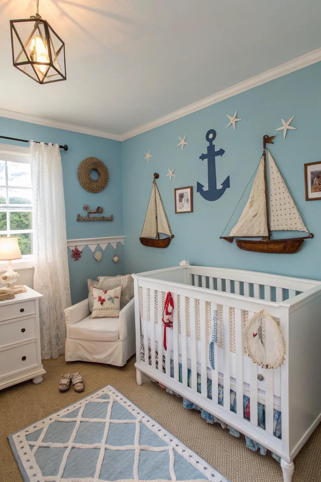 A nursery with serene coastal blue tones.
