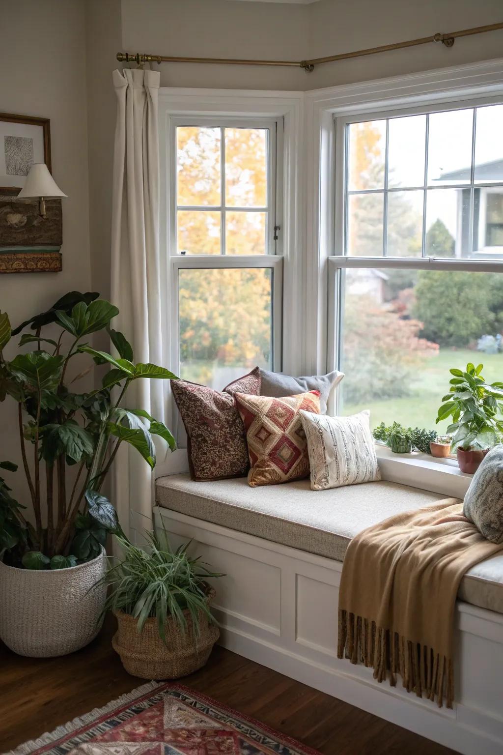 Inviting window seat with plush cushions.
