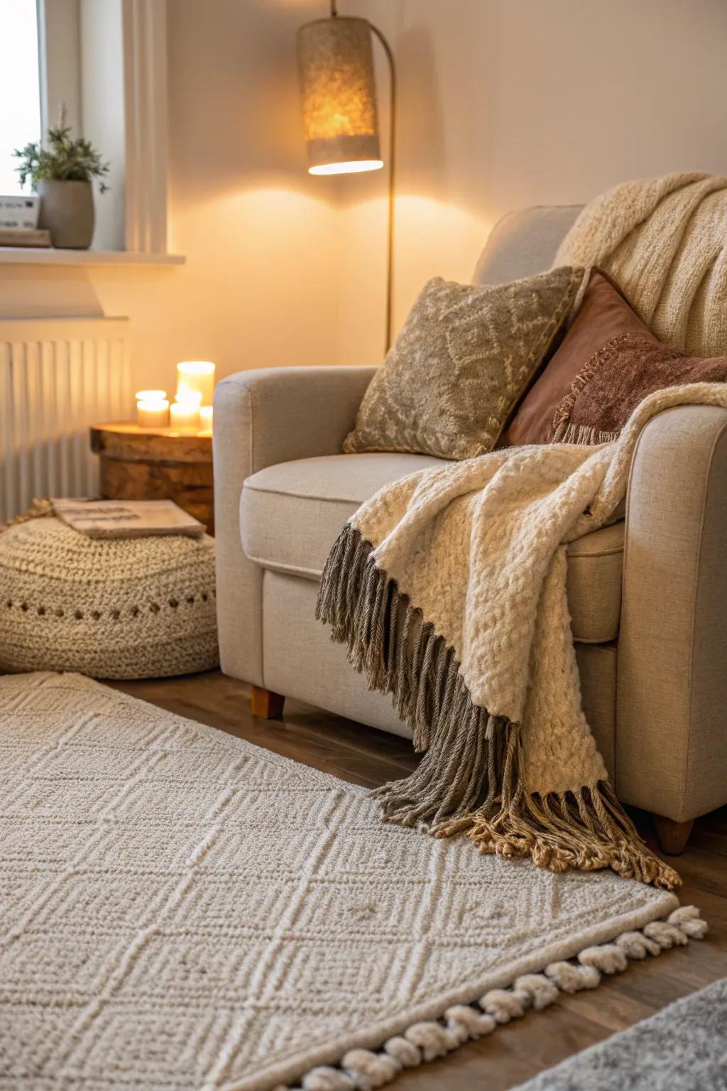 Textured textiles add warmth and depth.