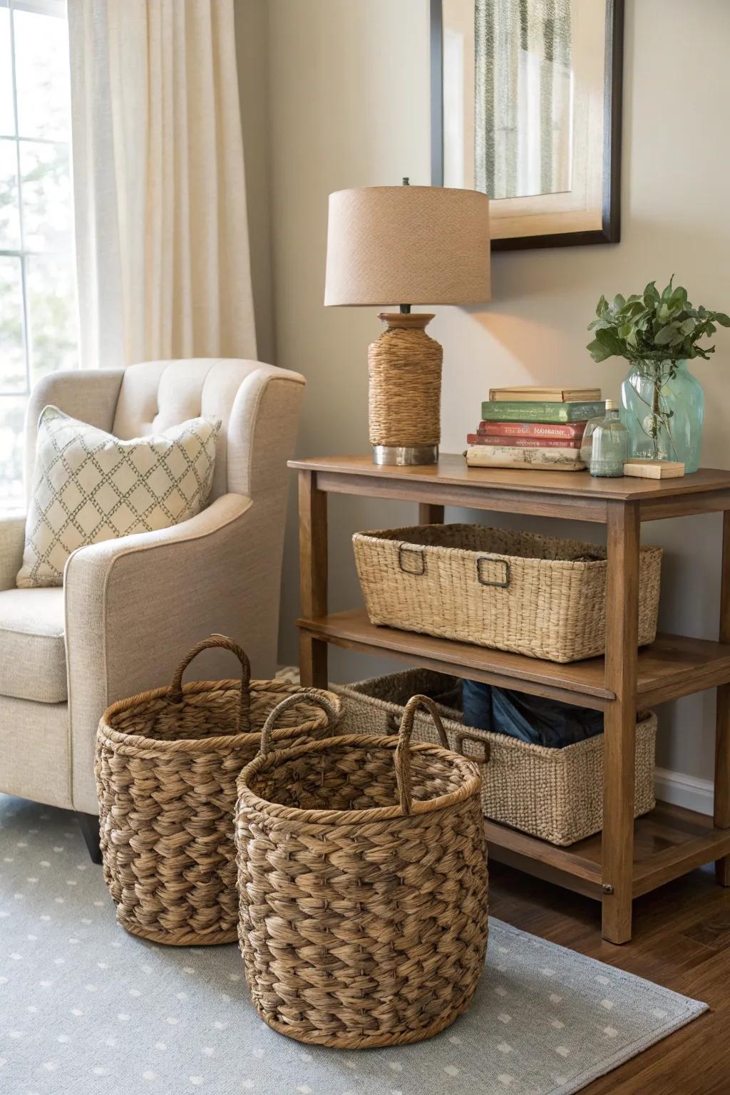 Woven baskets for elegant storage solutions.