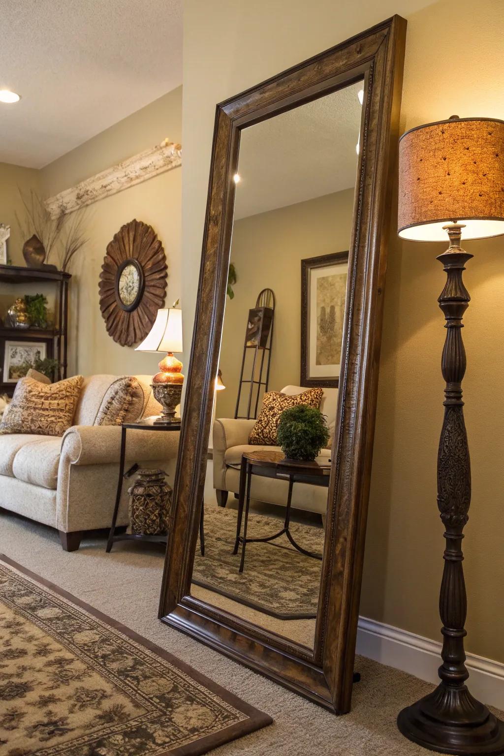 Large mirror enhancing room brightness and space.