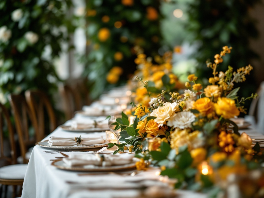 A wedding table set with a centerpiece of yellow flowers and greenery, creating a vibrant and inviting atmosphere.
