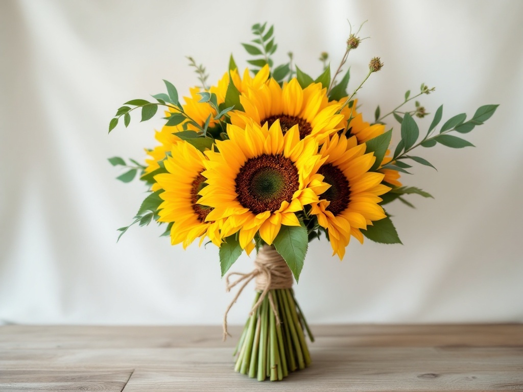 A bouquet of bright yellow sunflowers with green leaves, wrapped in twine.