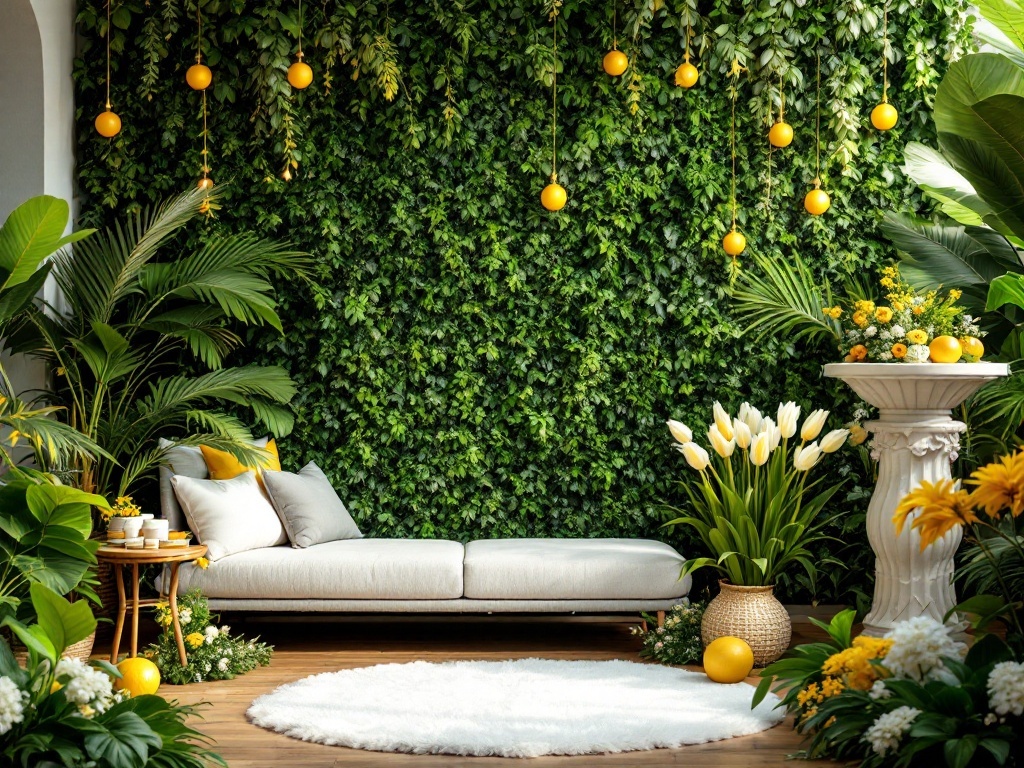 A cozy seating area with a green wall backdrop, featuring yellow decorations and plants.