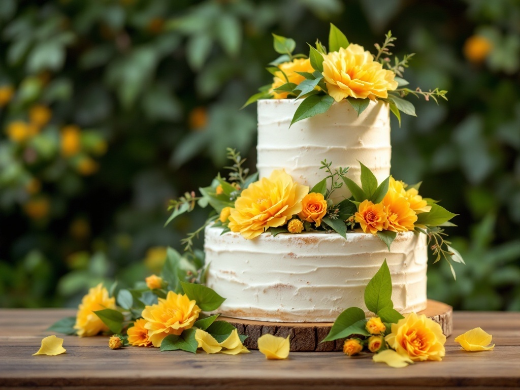 A two-tier wedding cake decorated with yellow flowers and greenery on a wooden table.