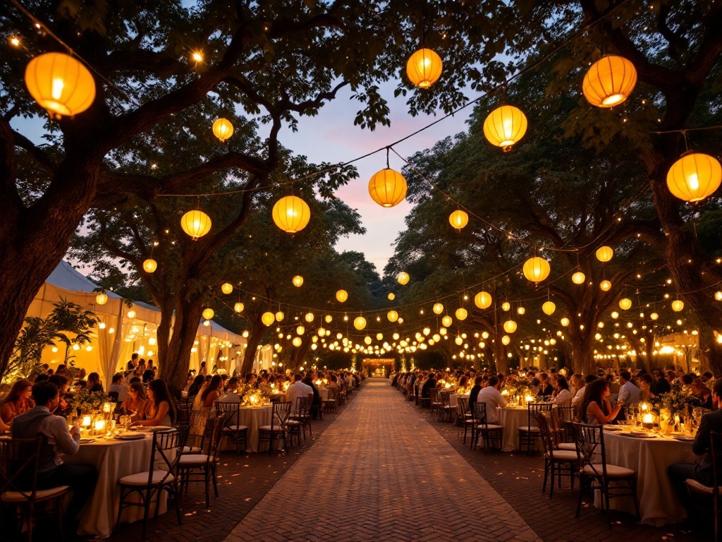Outdoor wedding setting with yellow lanterns hanging from trees, illuminating tables filled with guests.