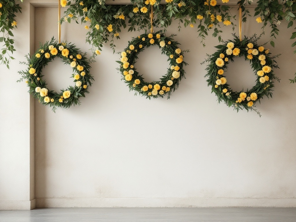 Three greenery wreaths with yellow flowers hanging on a wall