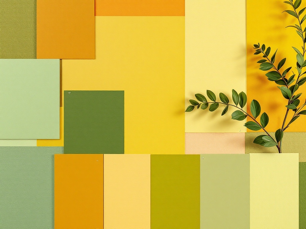 A collection of yellow and green color swatches with a branch of leaves.