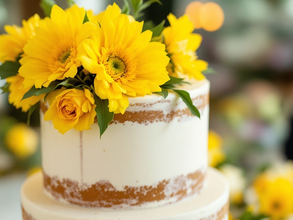 A wedding cake topped with yellow sunflowers and roses, showcasing a cheerful floral design.