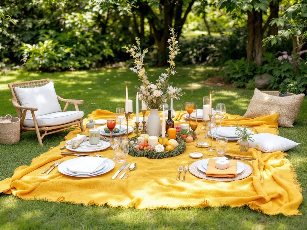A picnic-style wedding reception setup with a yellow blanket, elegant tableware, and flowers in a lush green garden.