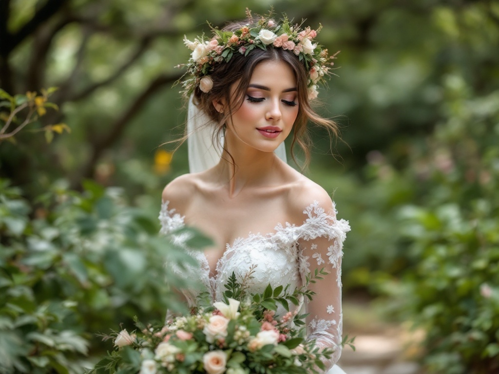 Bride in a greenery-inspired wedding dress with floral crown and bouquet