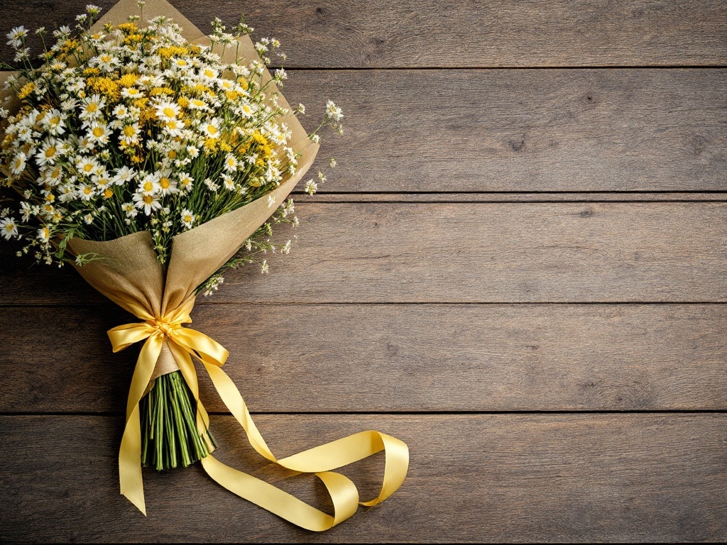 A bouquet of white flowers wrapped in a yellow ribbon on a wooden surface.