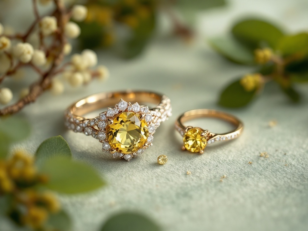 A close-up of yellow and green wedding jewelry featuring a large yellow stone ring and a smaller matching ring.