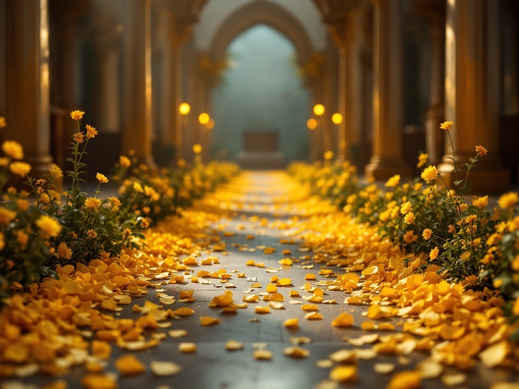 A beautiful aisle decorated with yellow petals and flowers, creating a cheerful atmosphere for a wedding.