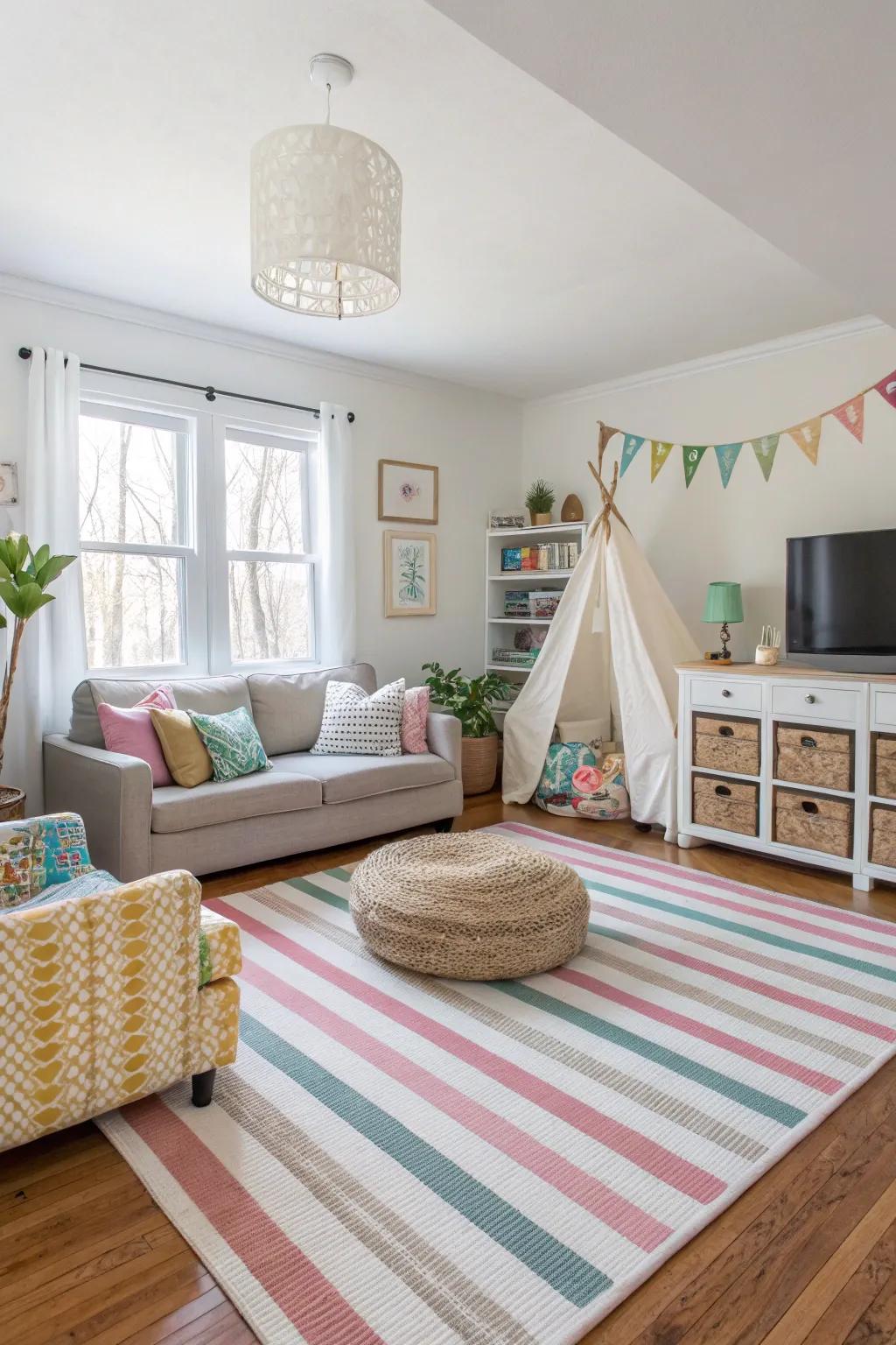 Striped rugs visually expand or widen rooms.