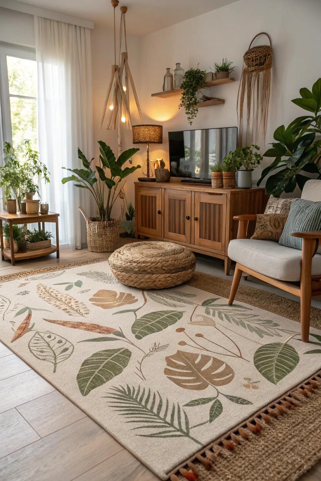 Nature-inspired rugs create a soothing, organic atmosphere.