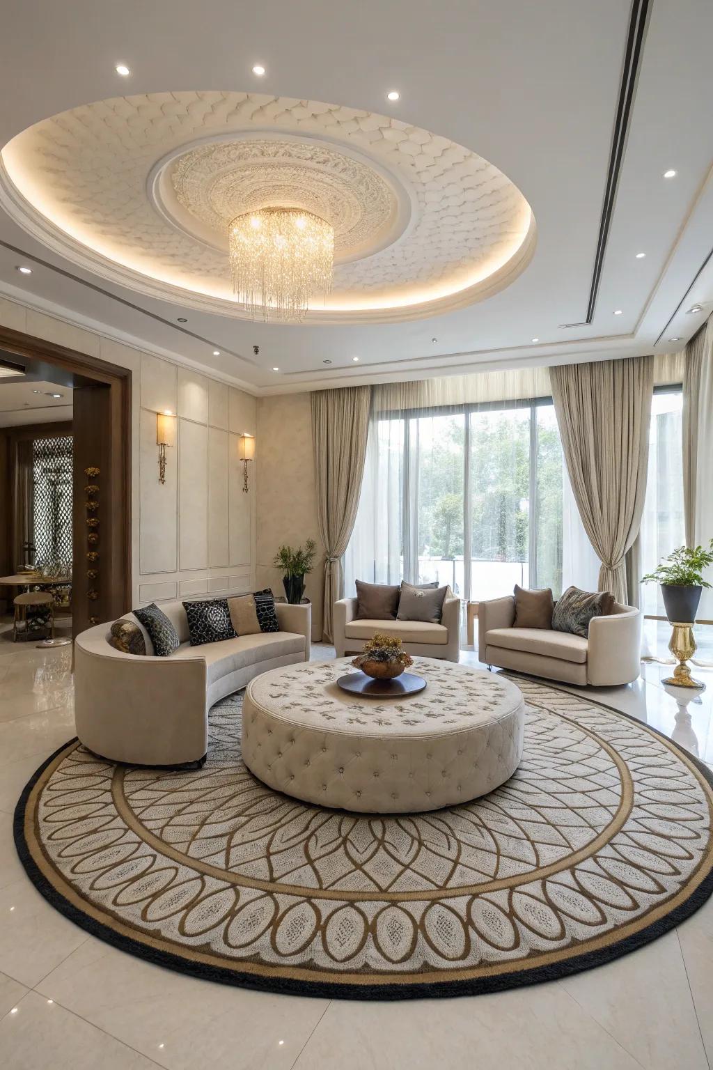 Round rugs soften edges and create fluid room layouts.