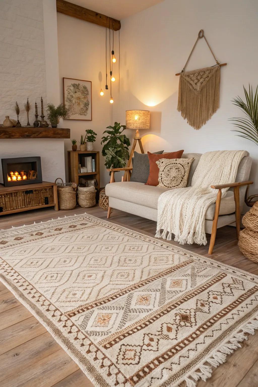 Handwoven rugs showcase craftsmanship and unique textures.