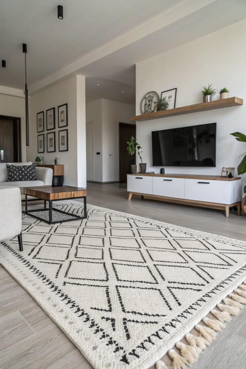 Monochromatic rugs complement modern minimalist interiors.