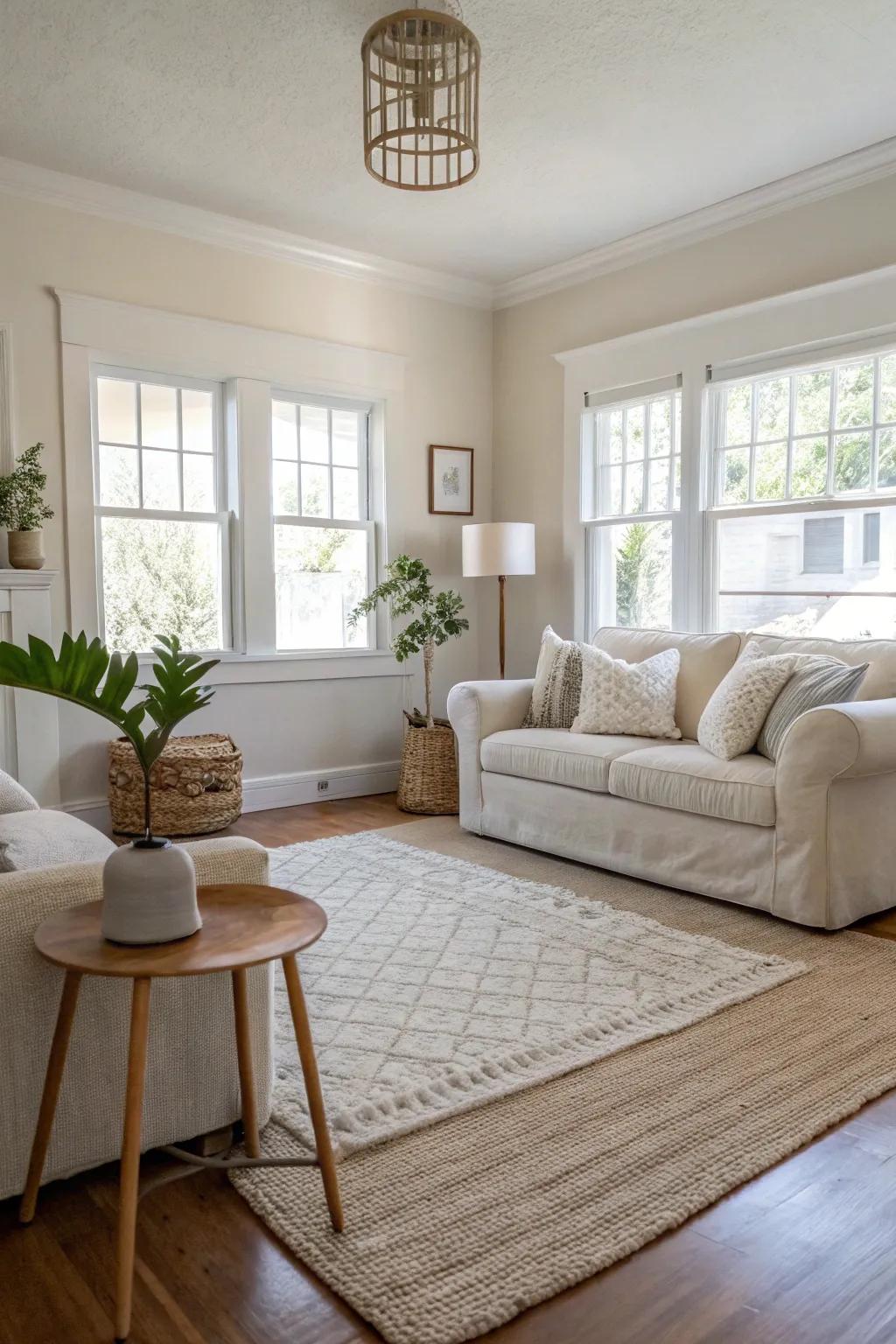 Neutral rugs create a calm and elegant foundation.