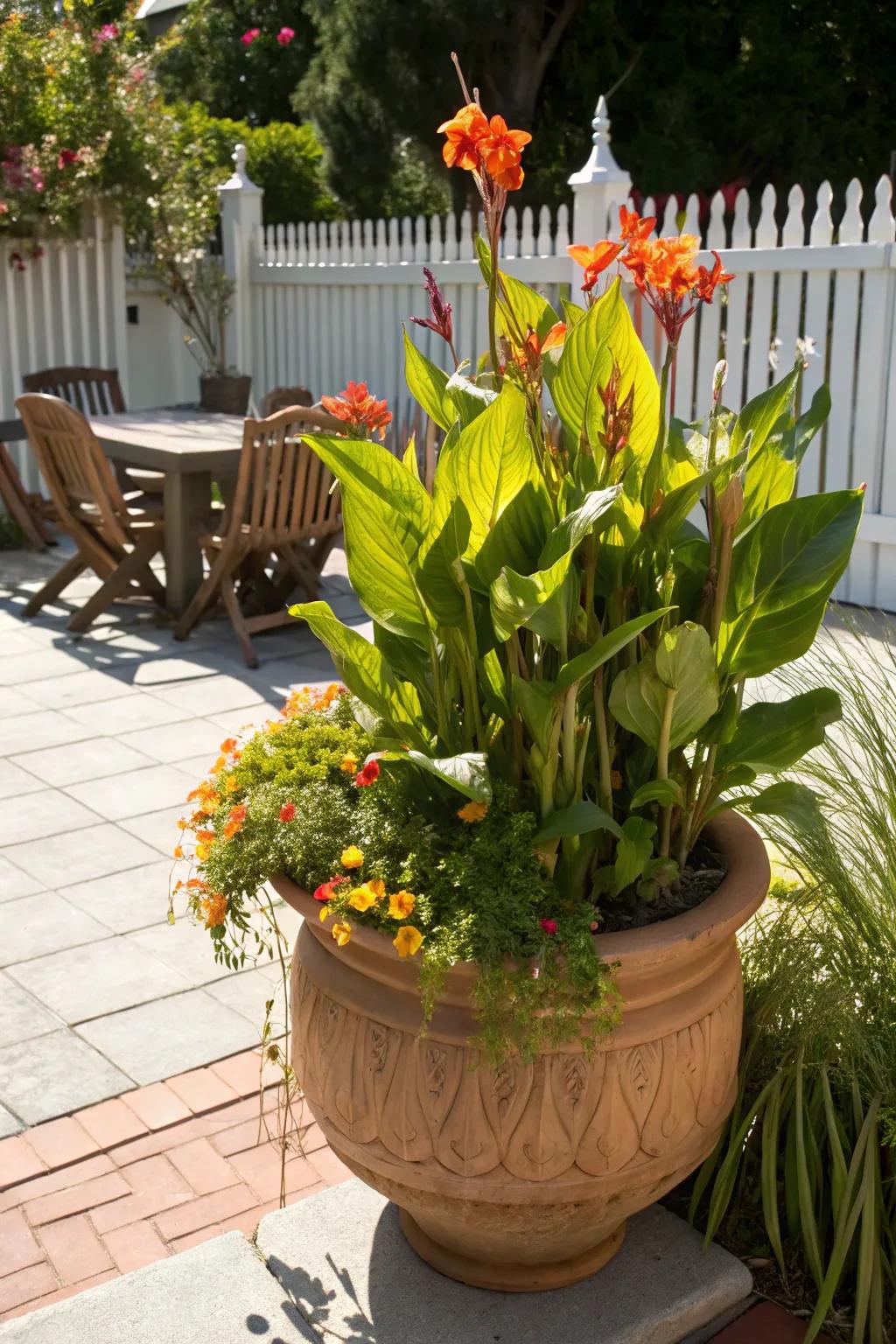 Canna lilies flourishing in large containers on a patio.