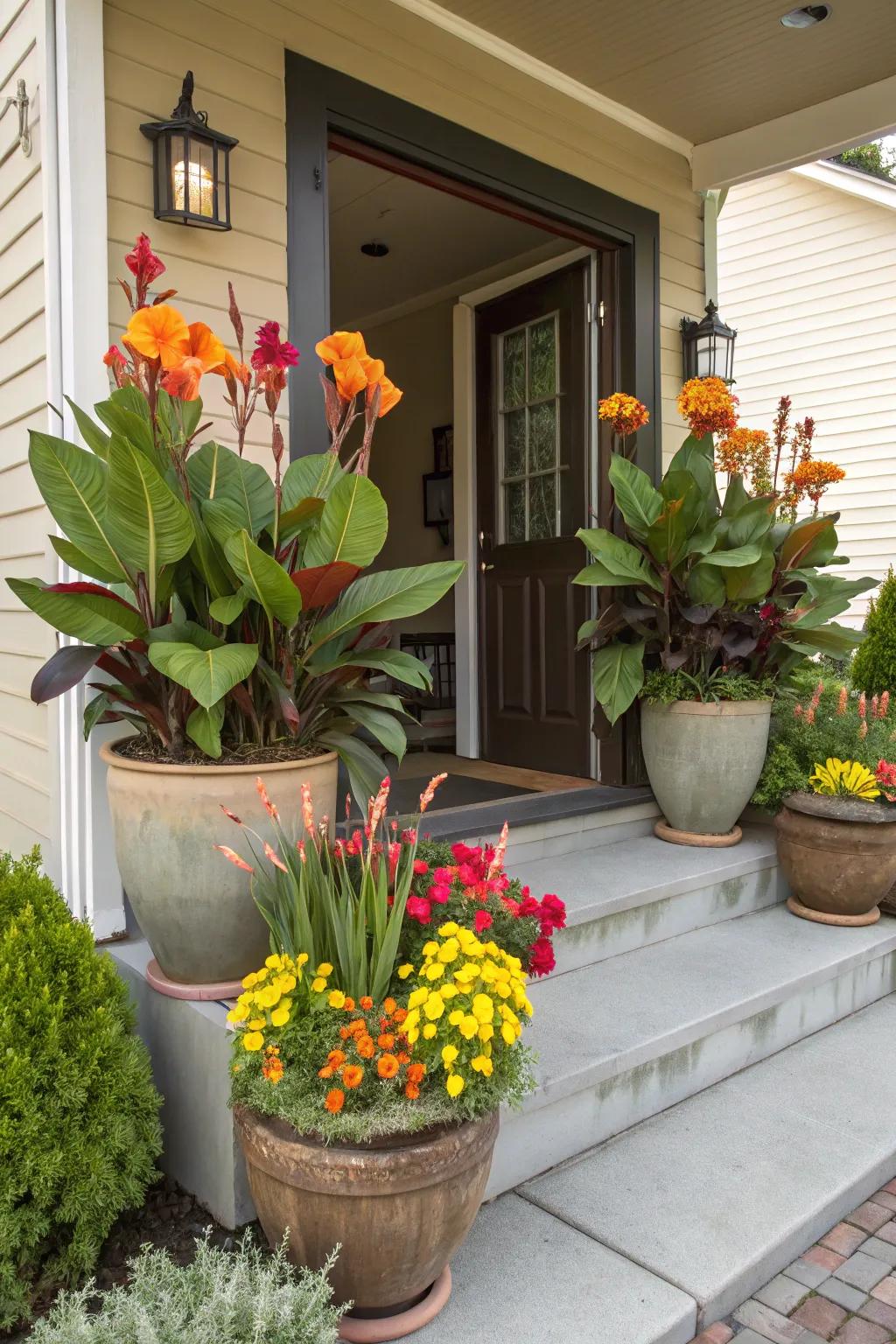 Welcoming entrance decorated with canna lily potscapes.