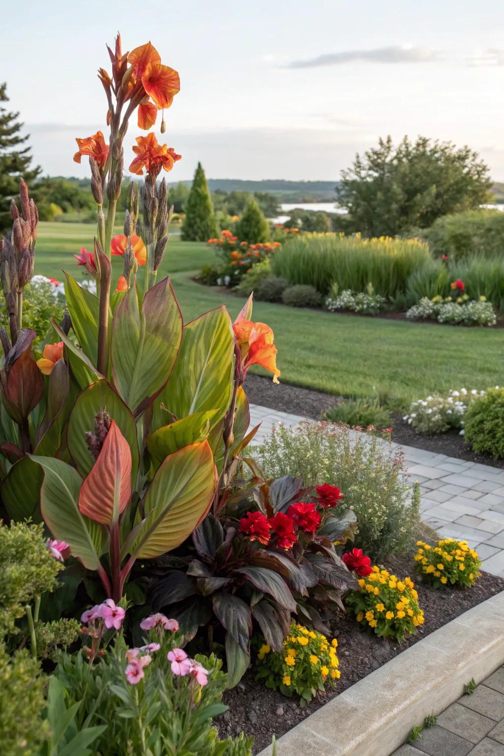 Dramatic garden focal points featuring canna lilies.
