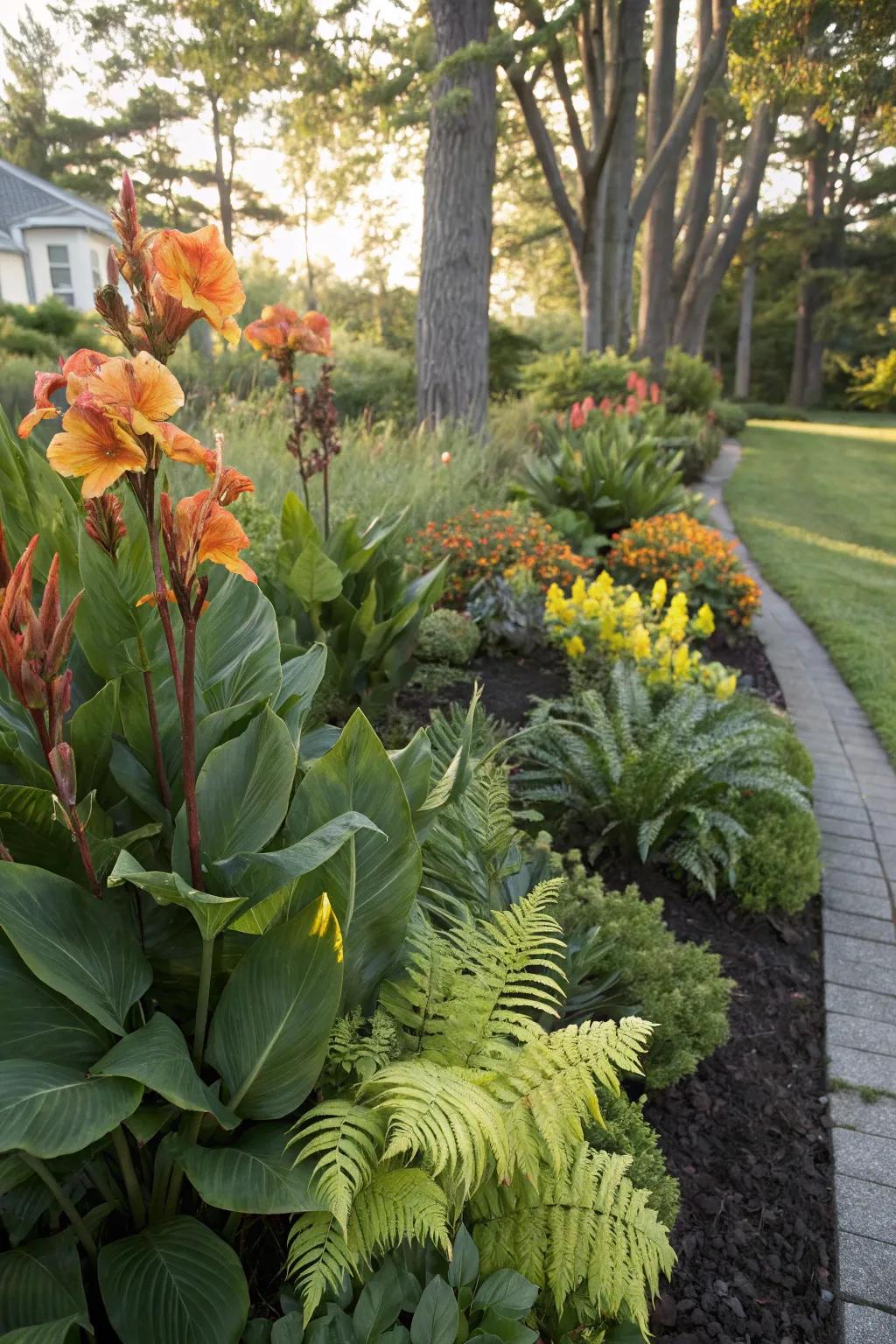 Combining canna lilies with textured companion plants.
