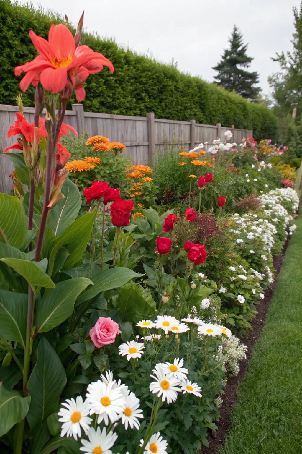 Canna lilies adding color and texture to mixed flower beds.