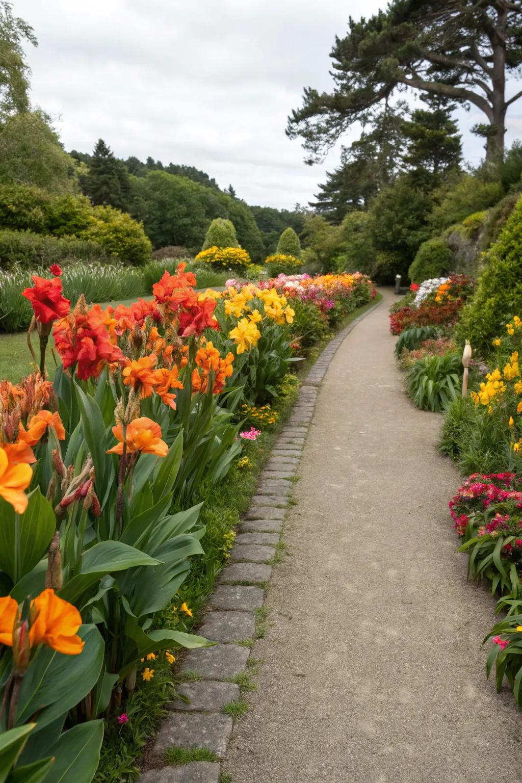 Canna lilies lining garden pathways.