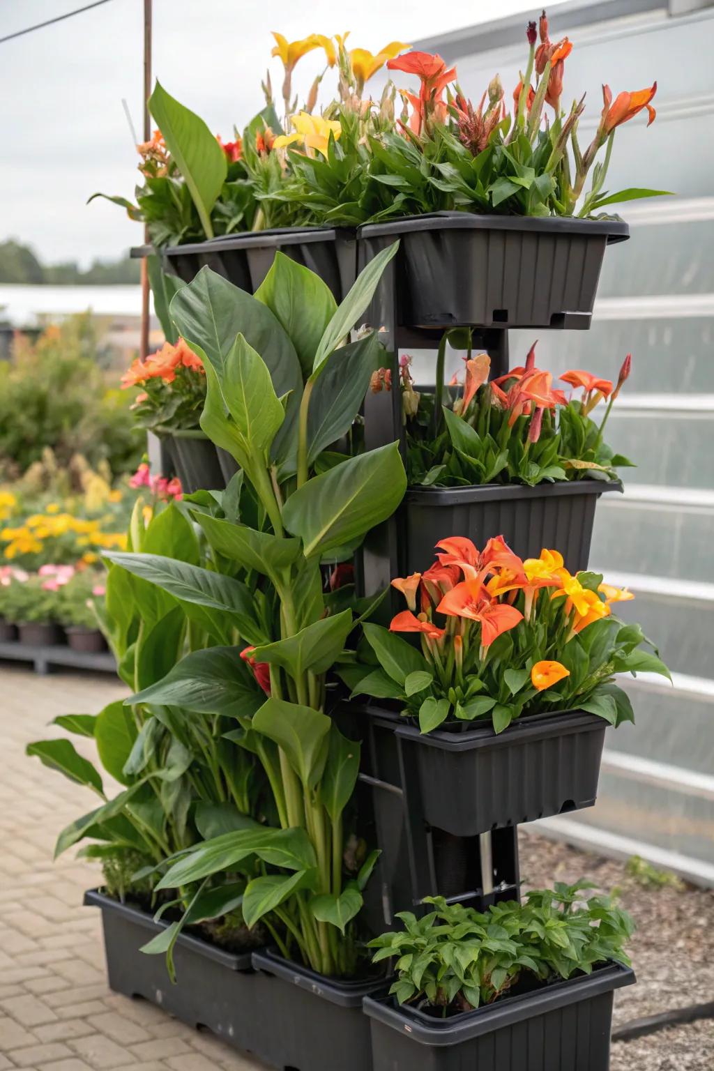 Vertical planting with canna lilies on tiered stands.