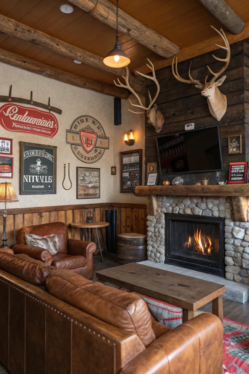 Man cave adorned with rustic elements like antlers and retro signage.