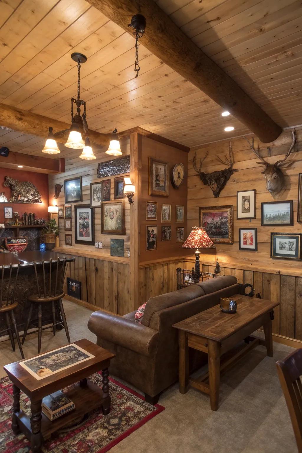 Unique art pieces adding personality to the rustic man cave.