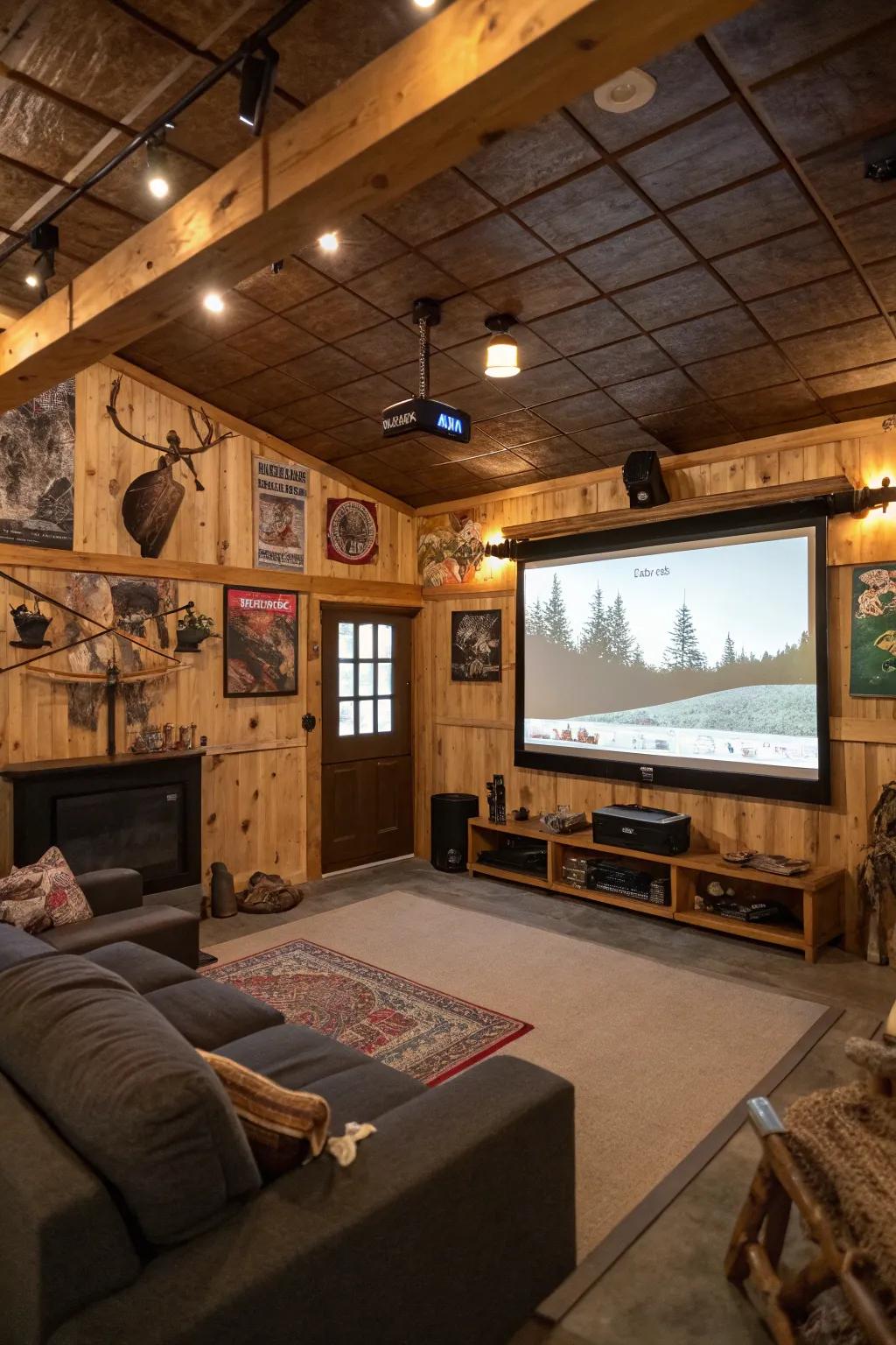 Projection system delivering a cinematic experience in a rustic man cave.