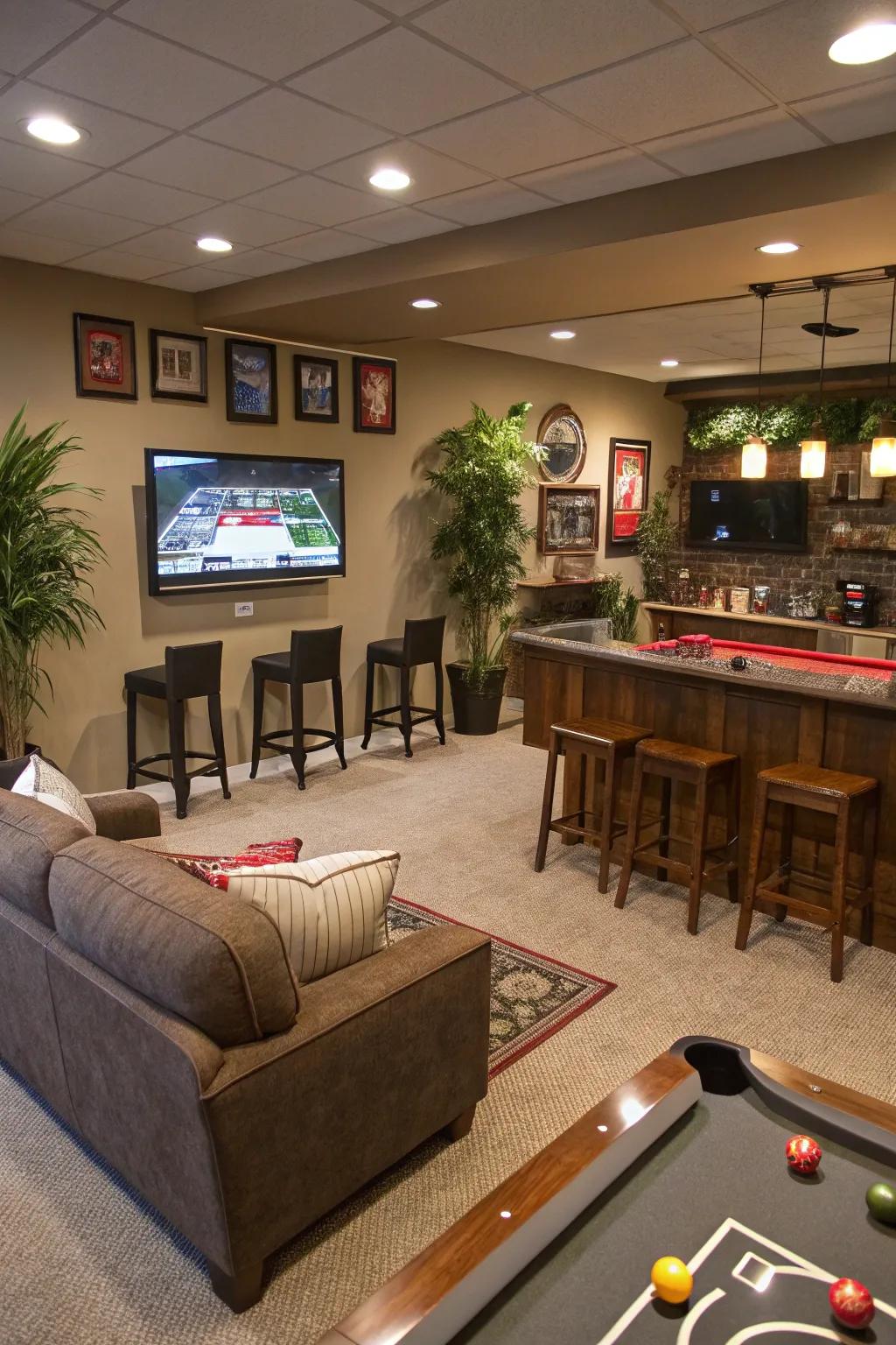 Spacious open layout in a rustic man cave.