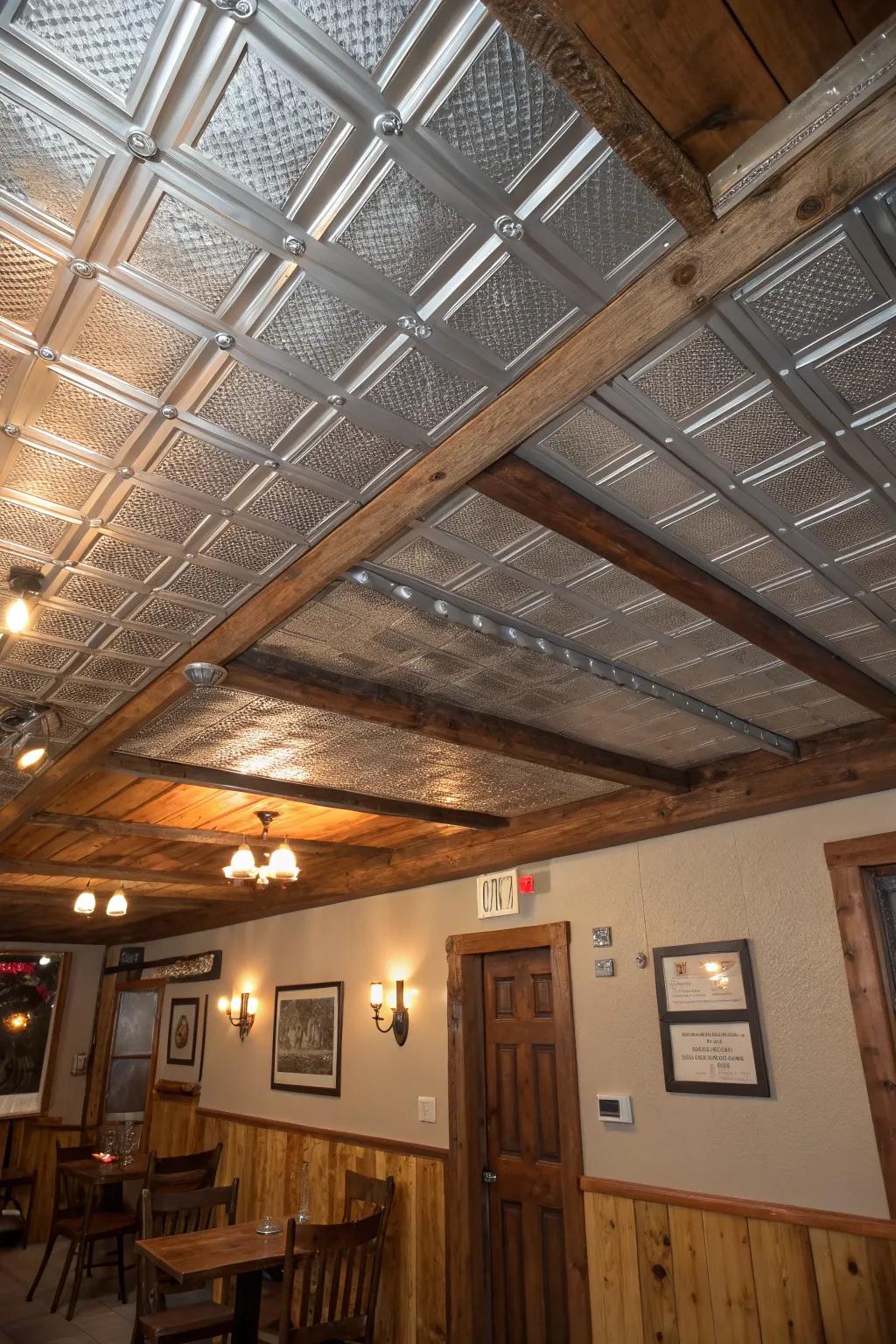 Ceiling design with tin and wood panels adding rustic character.