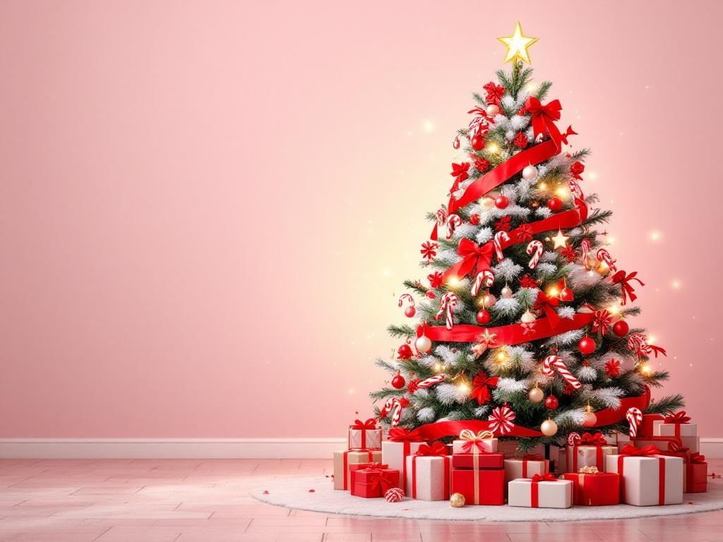 A beautifully decorated red and white Christmas tree with candy cane ornaments and presents underneath.