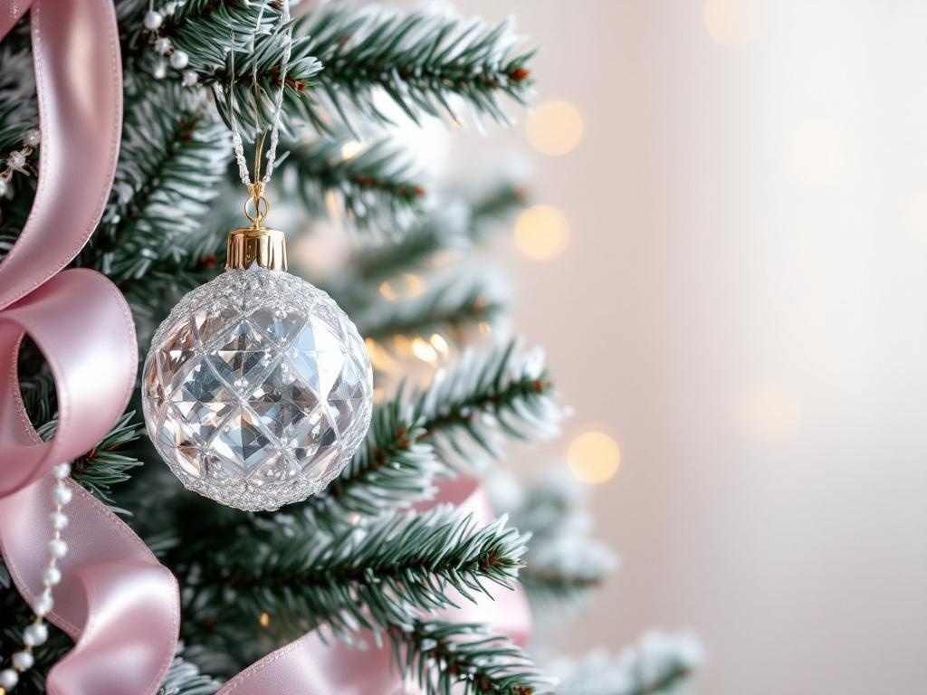 Close-up of a Christmas tree with a crystal ornament and pink ribbon.