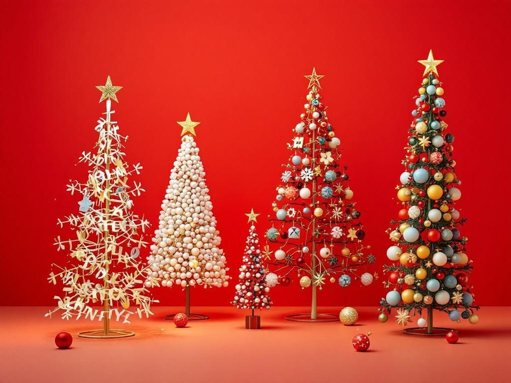 A collection of innovative Christmas trees against a red background, featuring various designs and decorations.