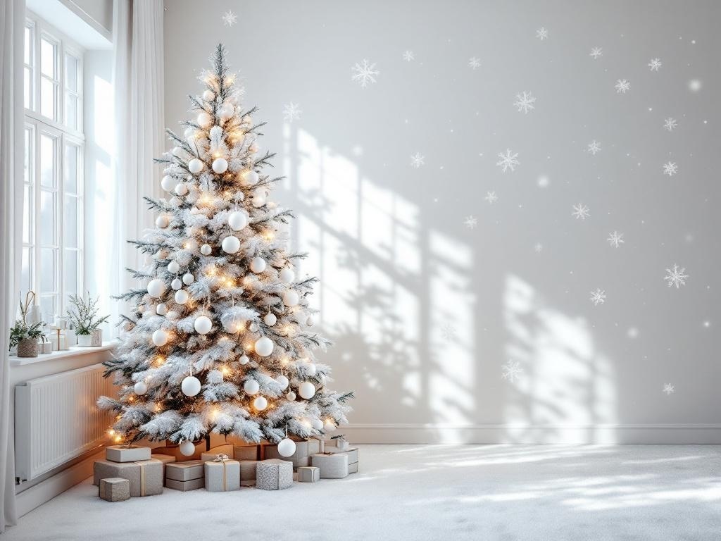 A beautifully decorated white Christmas tree with white ornaments and warm lights, surrounded by wrapped gifts.