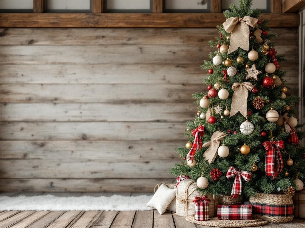 A beautifully decorated Christmas tree with red and white ornaments, burlap ribbons, and plaid wrapped gifts, set against a rustic wooden backdrop.