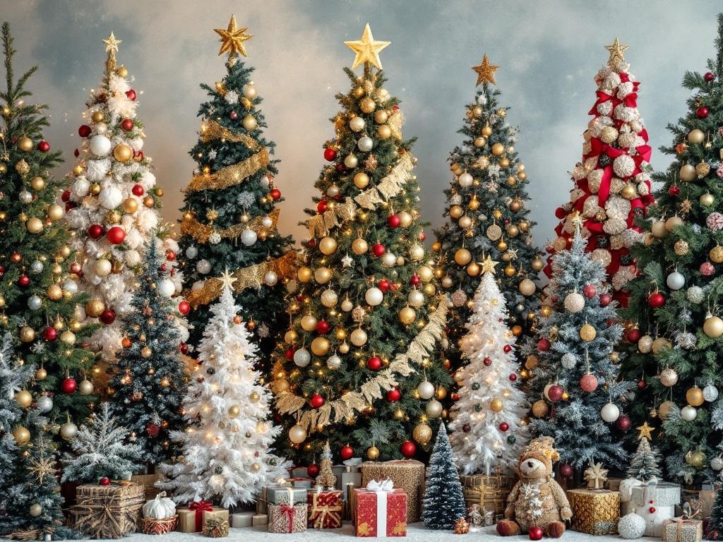 A collection of creatively decorated Christmas trees showcasing various themes and colors.