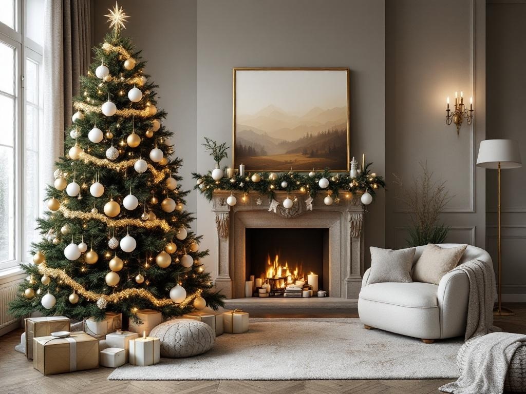 A beautifully decorated Christmas tree with gold and white ornaments, a cozy fireplace, and wrapped gifts underneath.