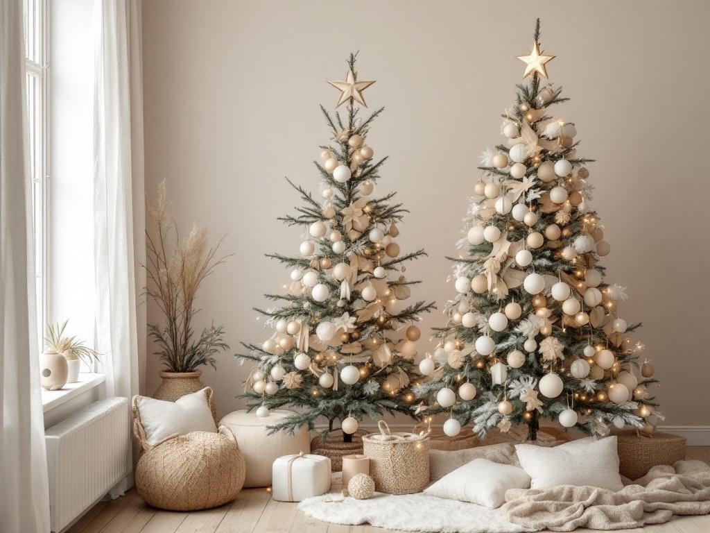 Two neutral Christmas trees decorated with white and beige ornaments, surrounded by cozy decor.