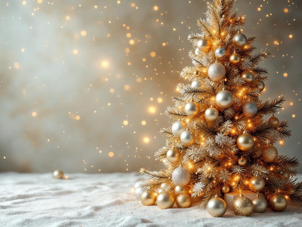 A glamorous gold and silver Christmas tree adorned with ornaments and lights.