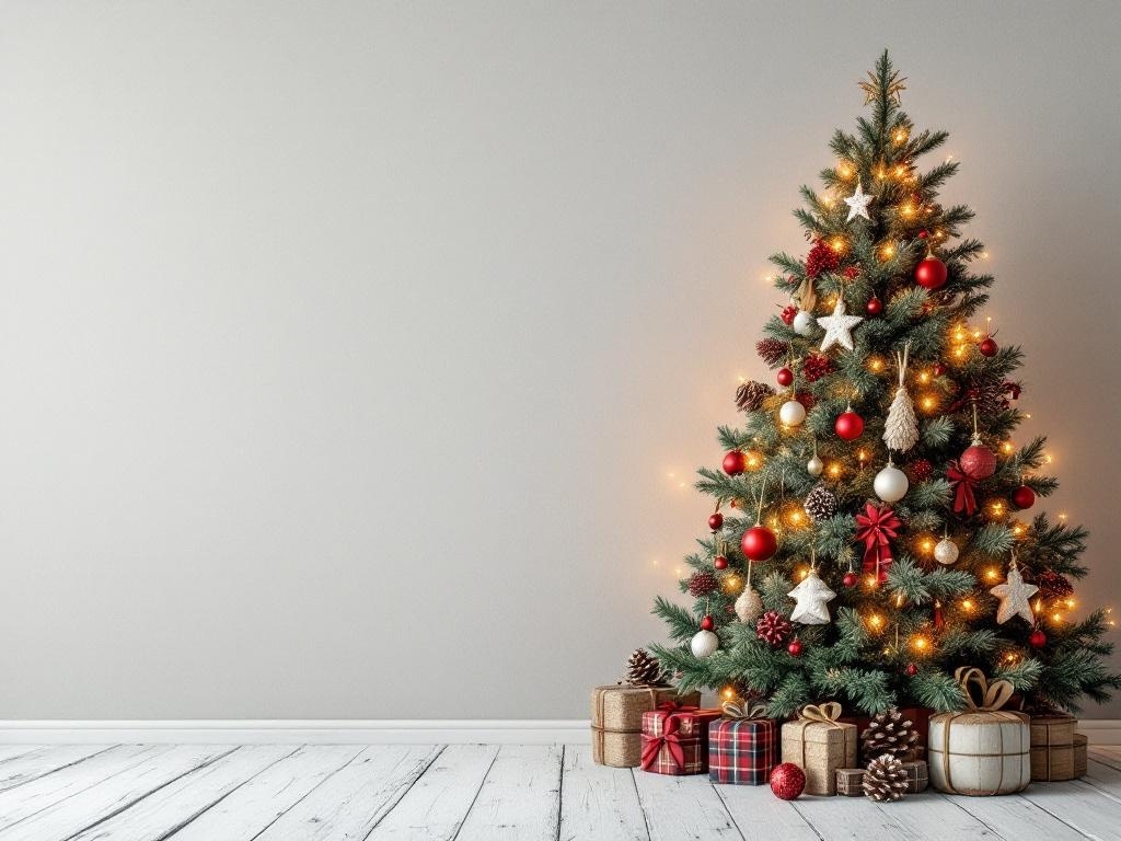 A cozy cabin Christmas tree decorated with red and white ornaments, surrounded by gifts and pinecones.