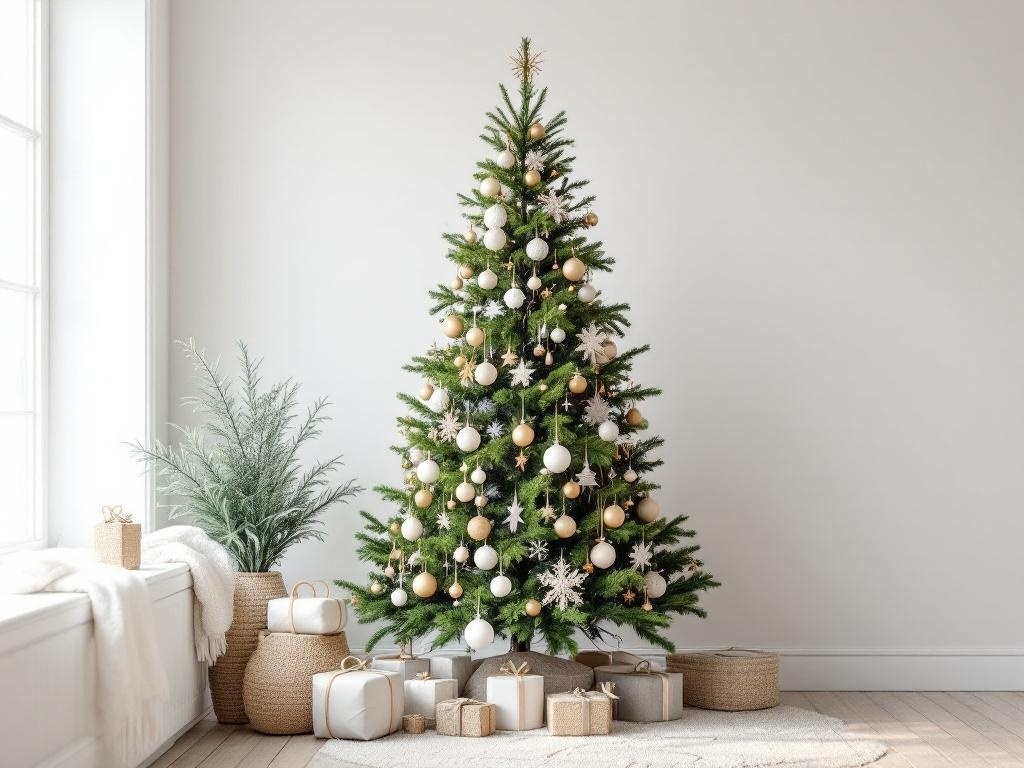 A minimalist Scandinavian Christmas tree with neutral ornaments and wrapped gifts in a cozy setting.